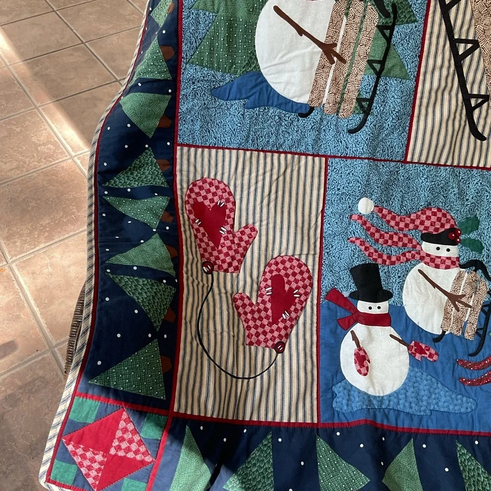 Festive Snowman Holiday Vtg Fabric Quilt wall hanging banner Flag Decor 34